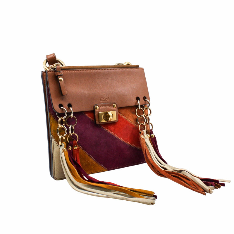 Jane Fringe Bag Small Calfskin Suede Rainbow Patchwork Caramel - L'UXE LINK