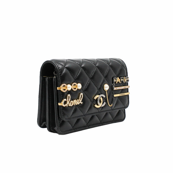 woc black lambskin with coco chanel paris logo stamp pearl mix gold black hardware seri 31 - L'UXE LINK