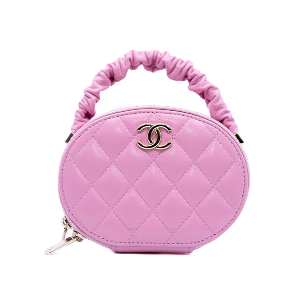 oval top handle vanity case in leather pink ghw  seri 32 - L'UXE LINK