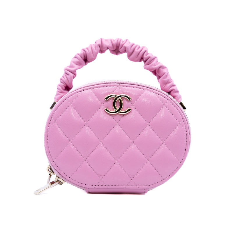 oval top handle vanity case in leather pink ghw  seri 32 - L'UXE LINK