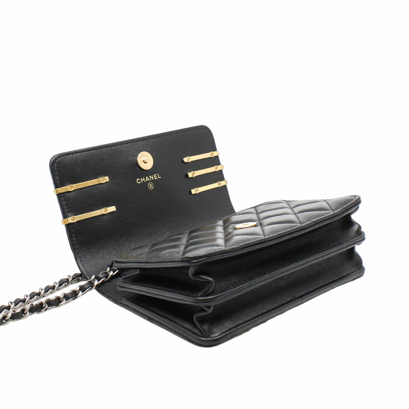 woc black lambskin with coco chanel paris logo stamp pearl mix gold black hardware seri 31