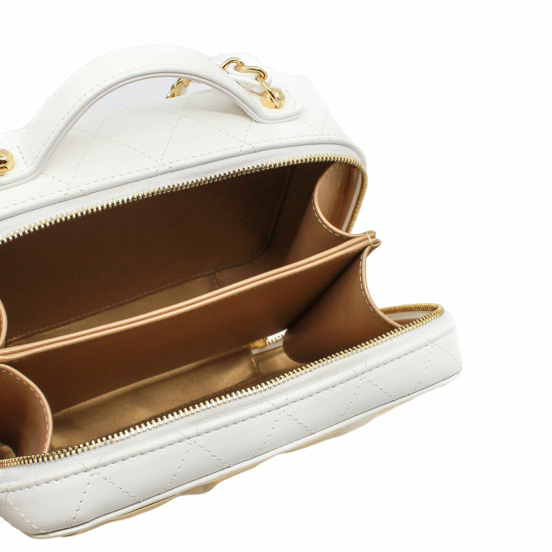 Lambskin Quilted Golden Plate Vanity Case White Gold