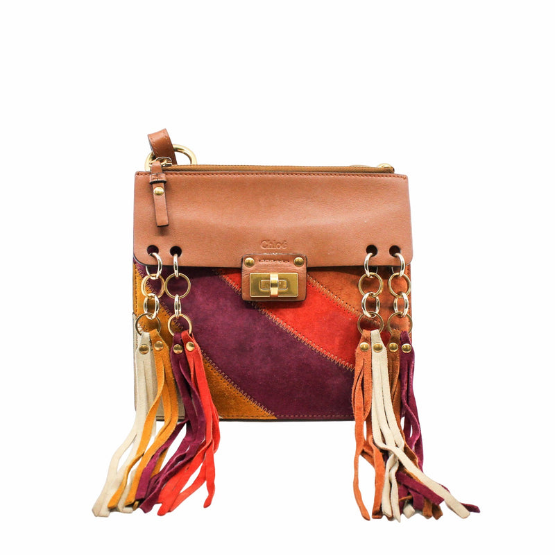 Jane Fringe Bag Small Calfskin Suede Rainbow Patchwork Caramel - L'UXE LINK