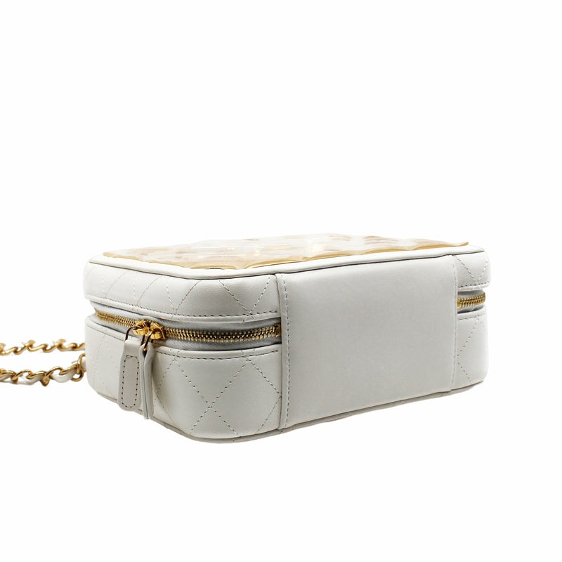 Lambskin Quilted Golden Plate Vanity Case White Gold