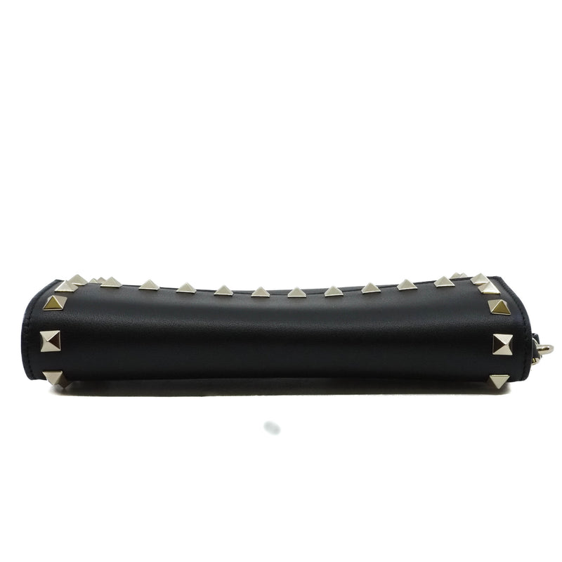 long flap wallet with studs handle in leather black