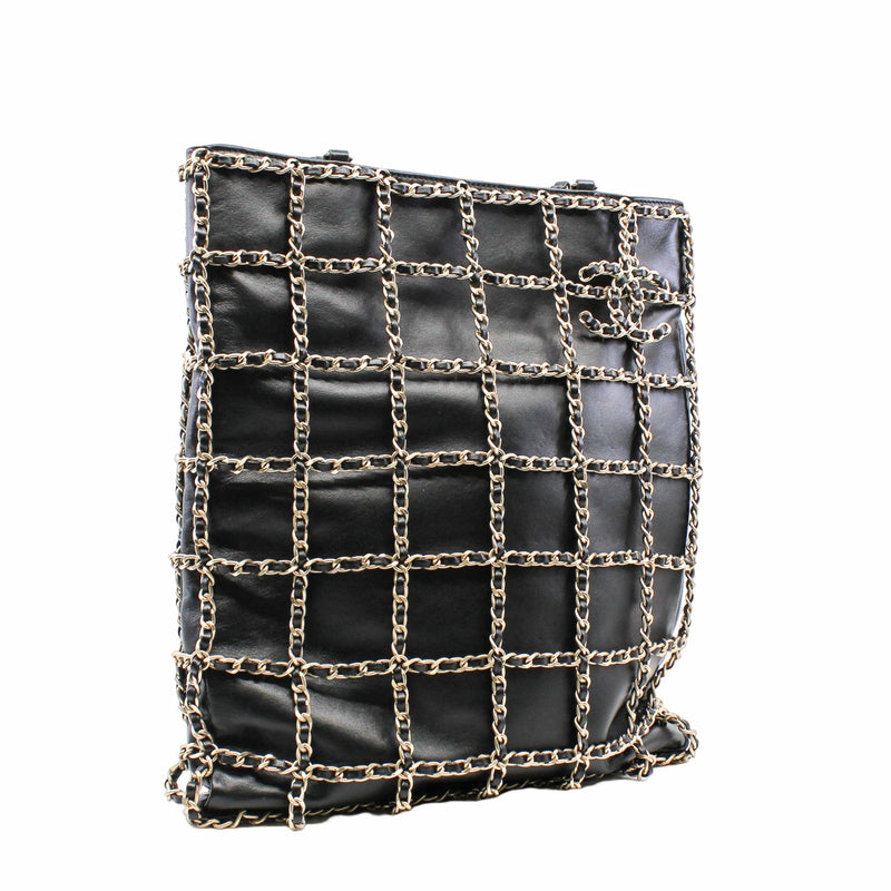 Chain Frame CC Charm Shopping Tote lamb skin black  ghw - L'UXE LINK
