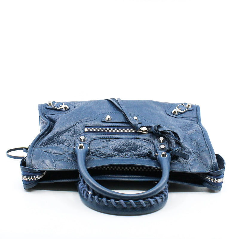 CITY CLASSIC STUDS BAG SMALL METALLIC LEATHER BLUE ANTIQUE BRASS - L'UXE LINK