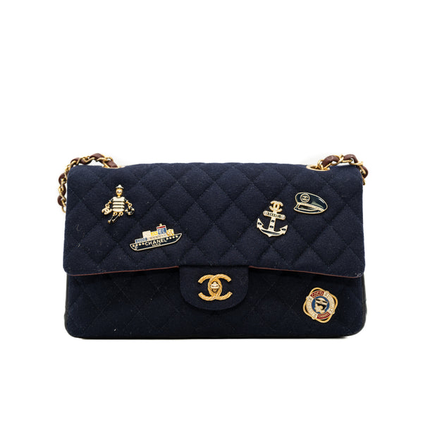 medium cf navy fabric mix black lambskin anchor ship sailor red leather inside with red leather metal chain ghw seri 26