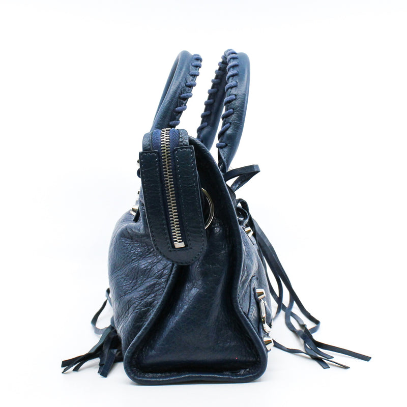 CITY CLASSIC STUDS BAG SMALL METALLIC LEATHER BLUE ANTIQUE BRASS - L'UXE LINK