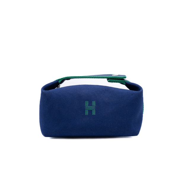 fabric blue small pouch with green line H - L'UXE LINK