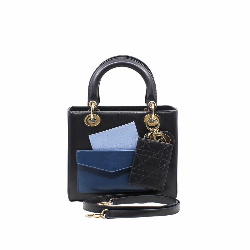 lady dior medium black mix navy pocket calf skin in ghw