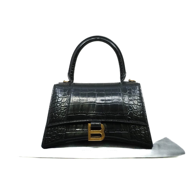 hourglass S top handle with shiny embossed croc calf skin in black ghw