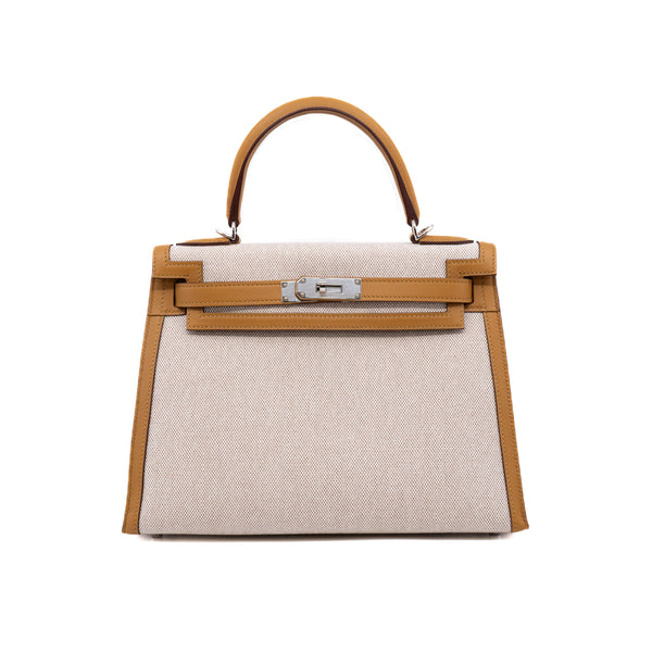 kelly 28 in leather gold/fabric beige phw z stamp