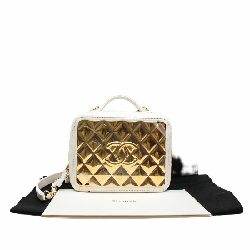 Lambskin Quilted Golden Plate Vanity Case White Gold