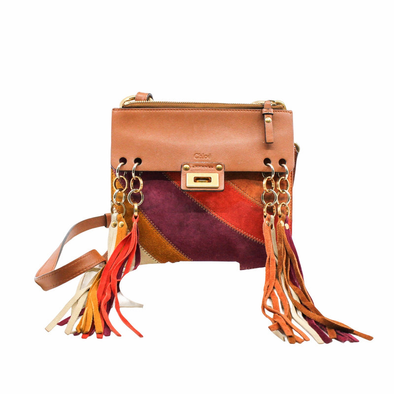 Jane Fringe Bag Small Calfskin Suede Rainbow Patchwork Caramel - L'UXE LINK