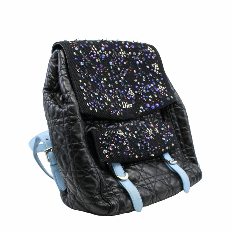 CHRISTIAN DIOR 2016 NAVY BLUE CANNAGE LEATHER/SEQUIN EMBELLISHED MESH 'STARDUST' BACKPACK - L'UXE LINK