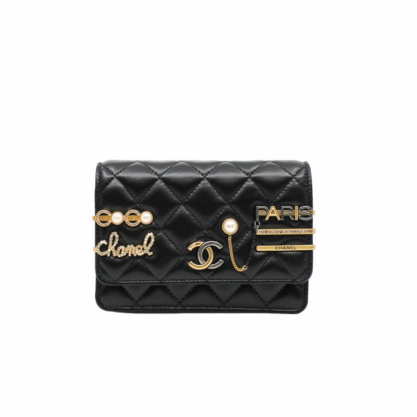 woc black lambskin with coco chanel paris logo stamp pearl mix gold black hardware seri 31 - L'UXE LINK