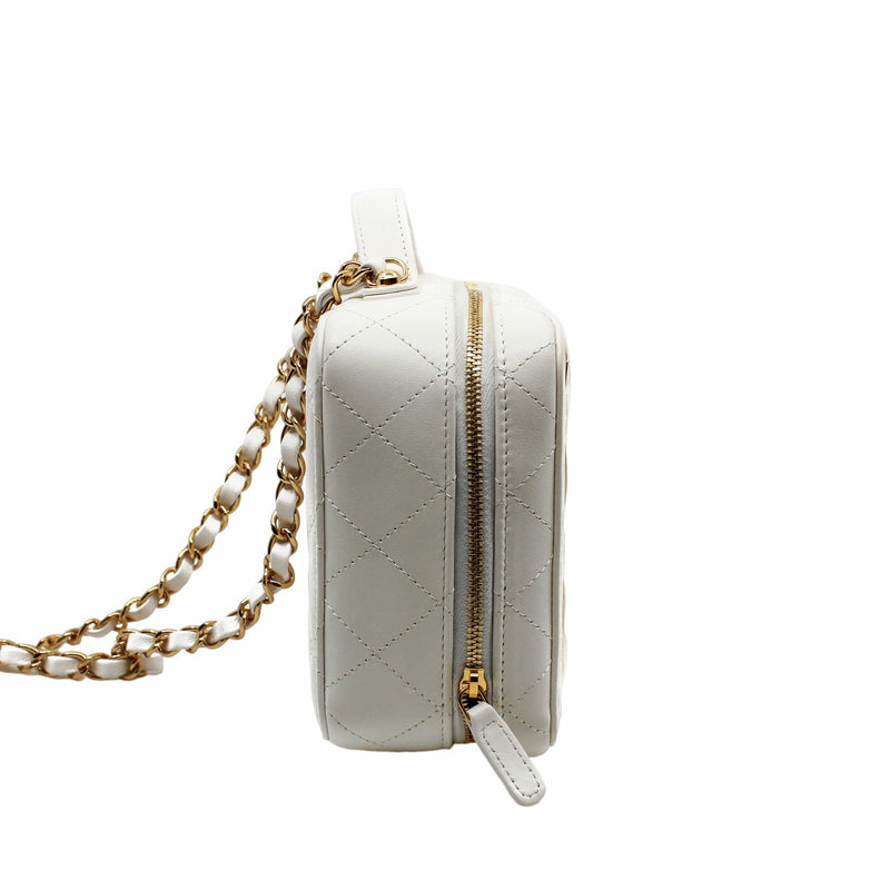 Lambskin Quilted Golden Plate Vanity Case White Gold