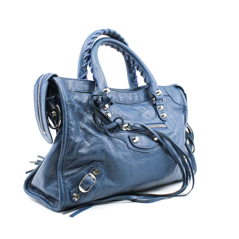 CITY CLASSIC STUDS BAG SMALL METALLIC LEATHER BLUE ANTIQUE BRASS - L'UXE LINK
