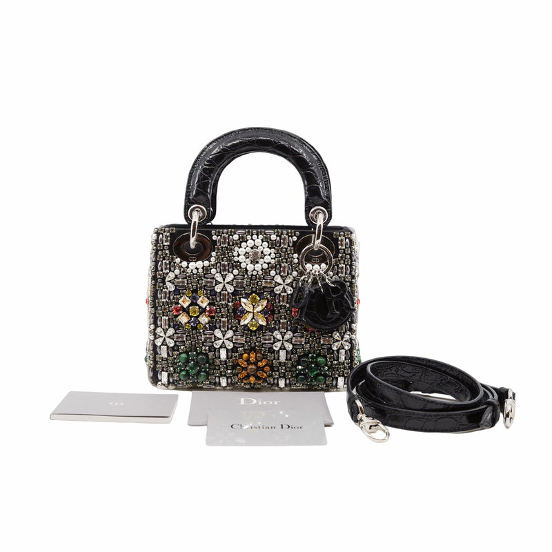lady mini crystal with white pearl in black crocodile handle - L'UXE LINK