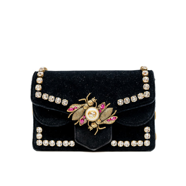 mini Broadway Pearly Bee Shoulder Bag Crystal Embellished Velvet black - L'UXE LINK