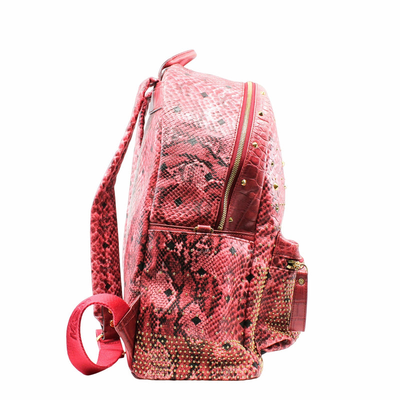 Backpack Medium Snakeskin Embossed Visetos Studded  Stark  Red Pink - L'UXE LINK